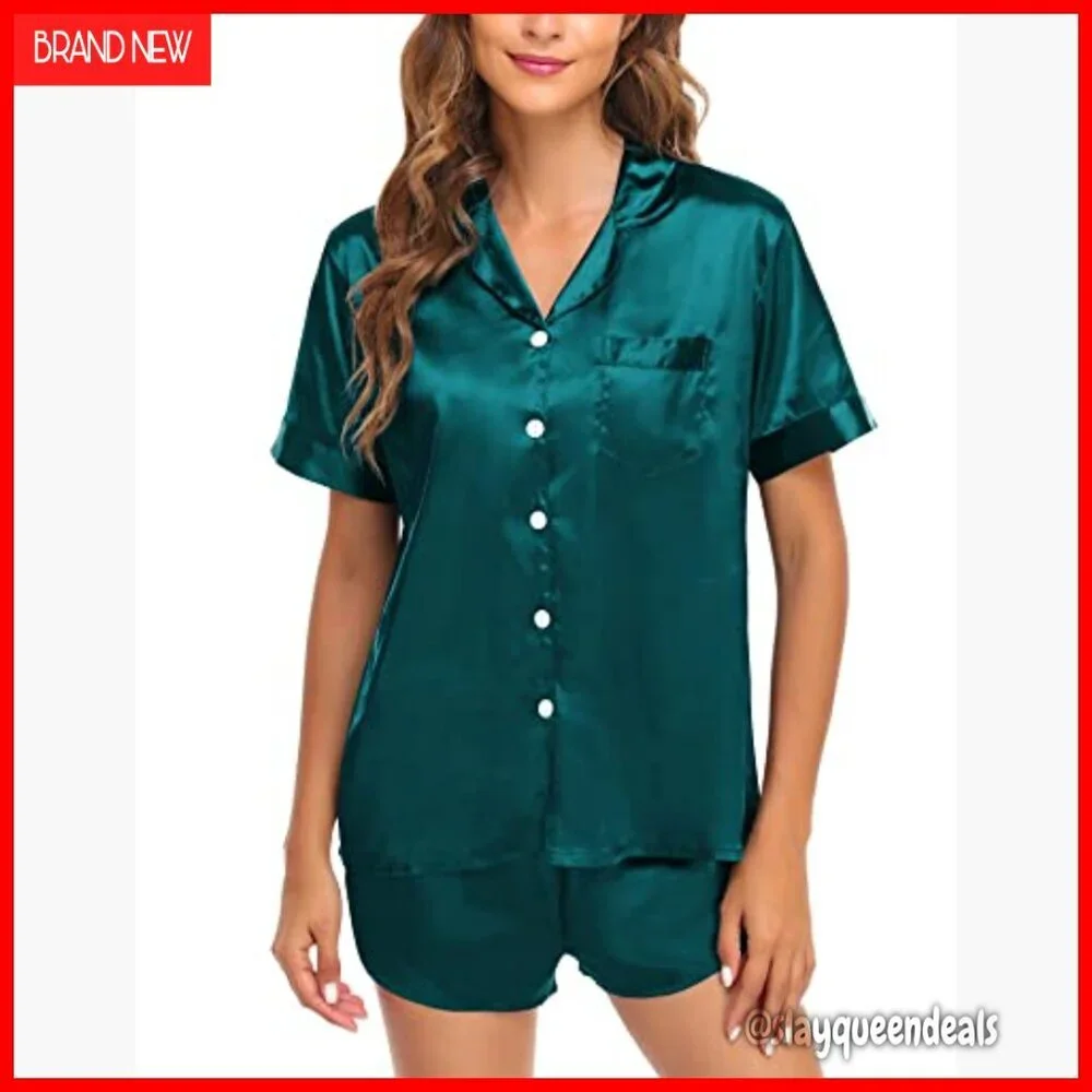 Satin Matching Pajama Set Short Sleeve Button Down Nightwear Loungewear